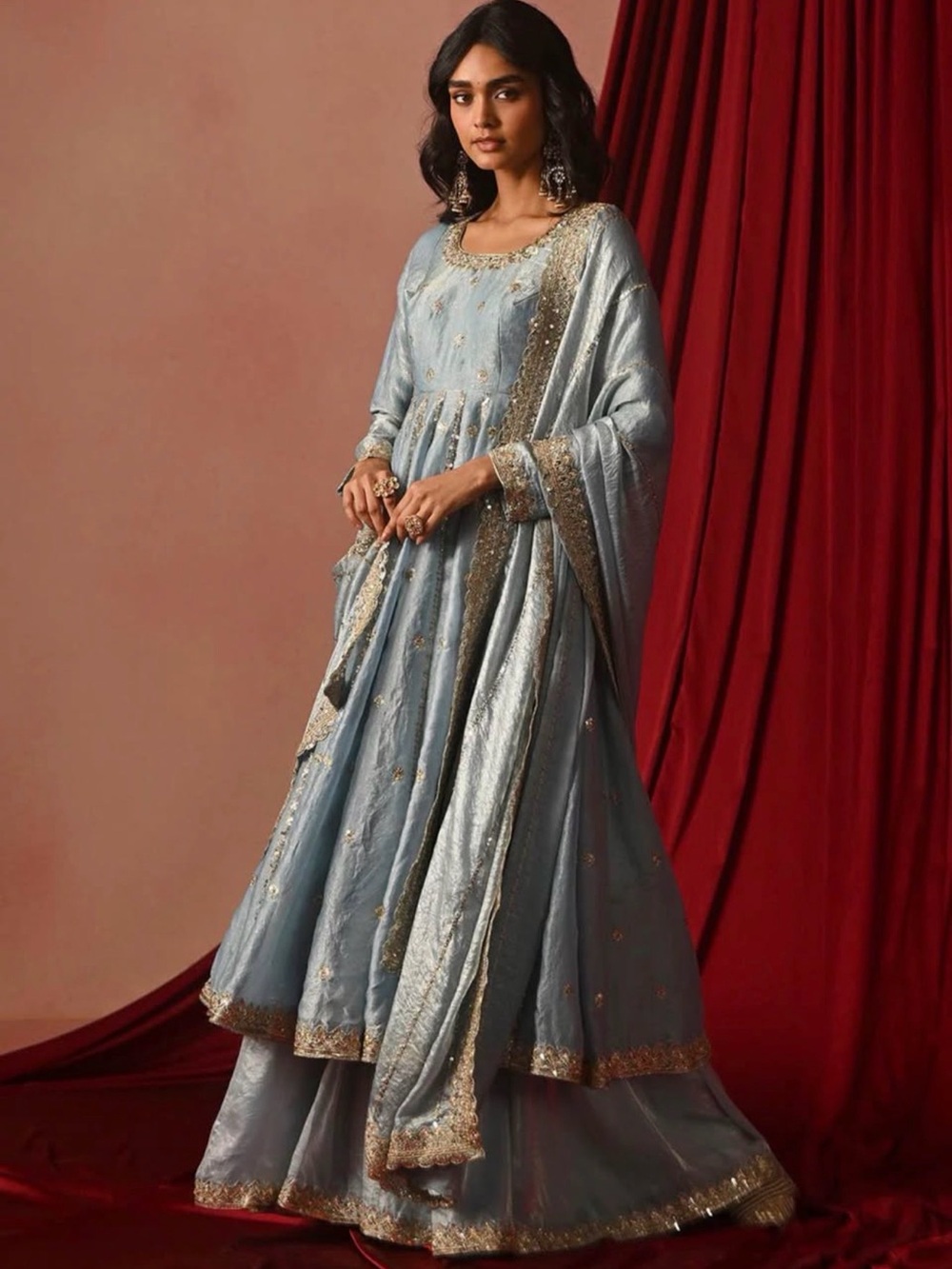 Powder Blue Embroidered Maxi Anarkali Dress with Dupatta